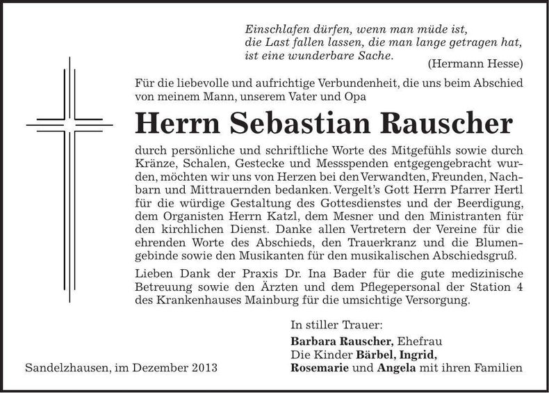 Traueranzeige Sebastian Rauscher
