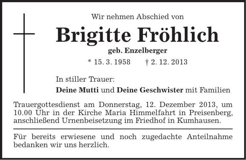 Traueranzeige Brigitte Fröhlich