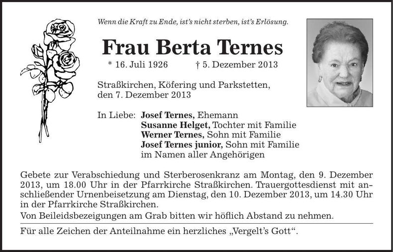 Traueranzeige Berta Ternes