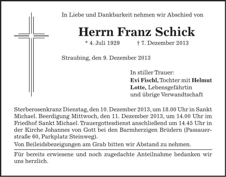 Traueranzeige Franz Schick