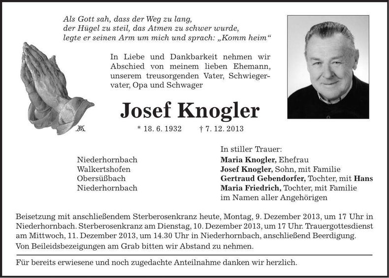 Traueranzeige Josef Knogler