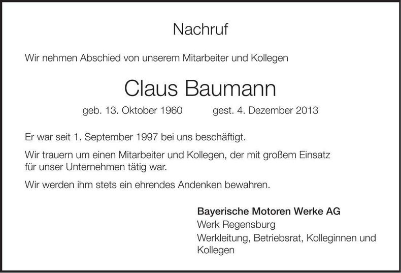 Traueranzeige Claus Baumann