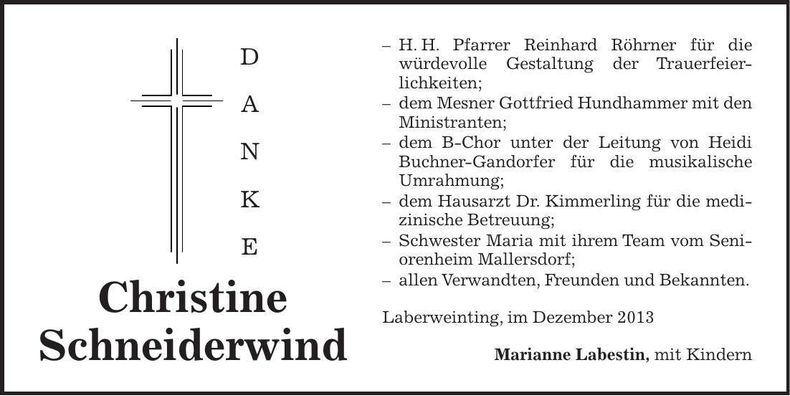 Traueranzeige Christine Schneiderwind