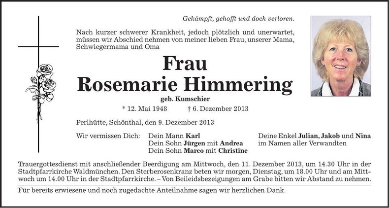 Traueranzeige Rosemarie Himmering