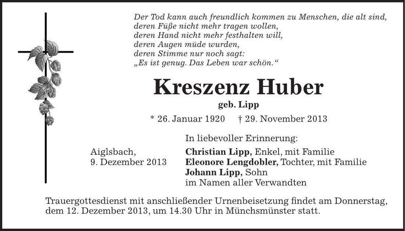 Traueranzeige Kreszenz Huber