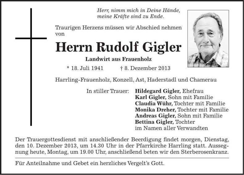 Traueranzeige Rudolf Gigler