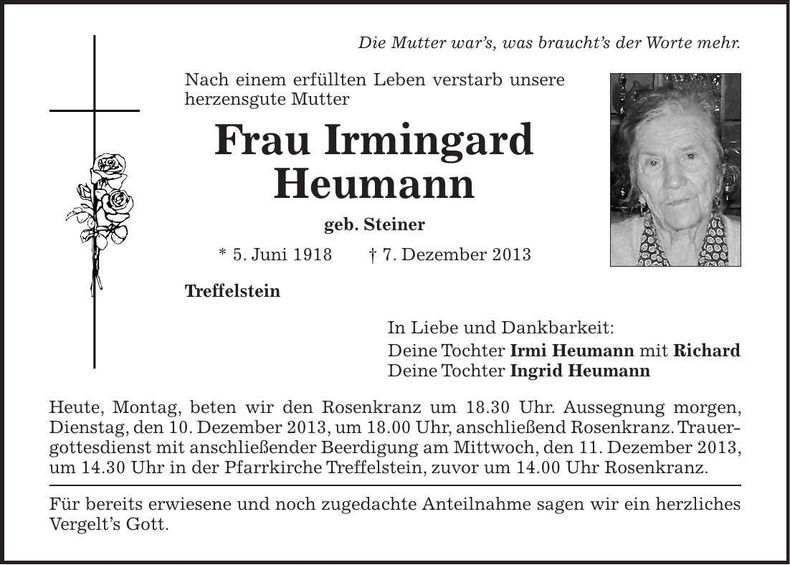 Traueranzeige Irmingard Heumann