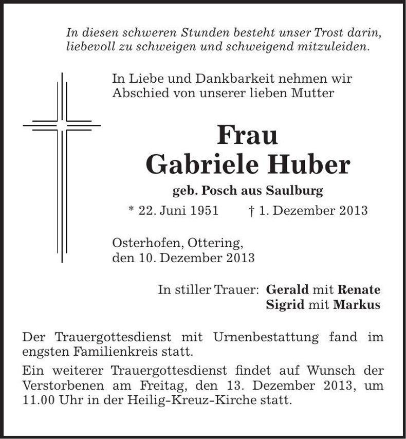 Traueranzeige Gabriele Huber