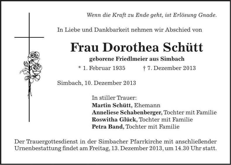 Traueranzeige Dorothea Schütt