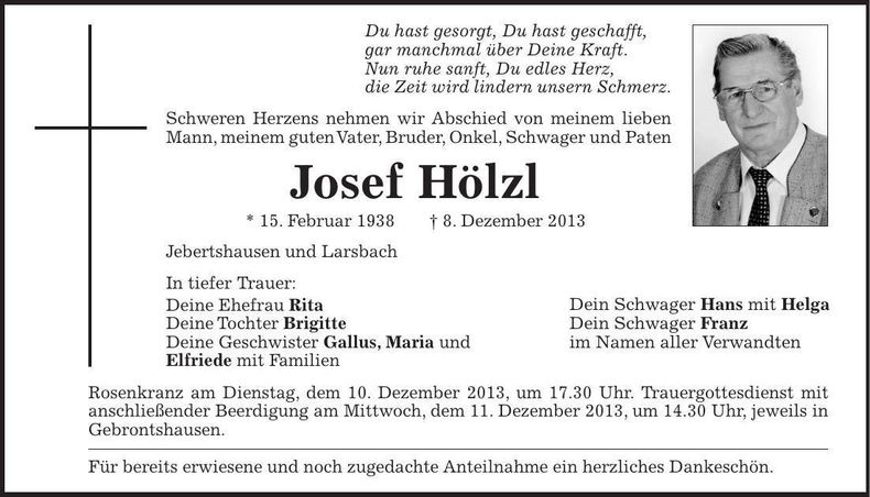 Traueranzeige Josef Hölzl
