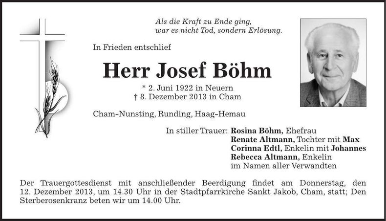 Traueranzeige Josef Böhm