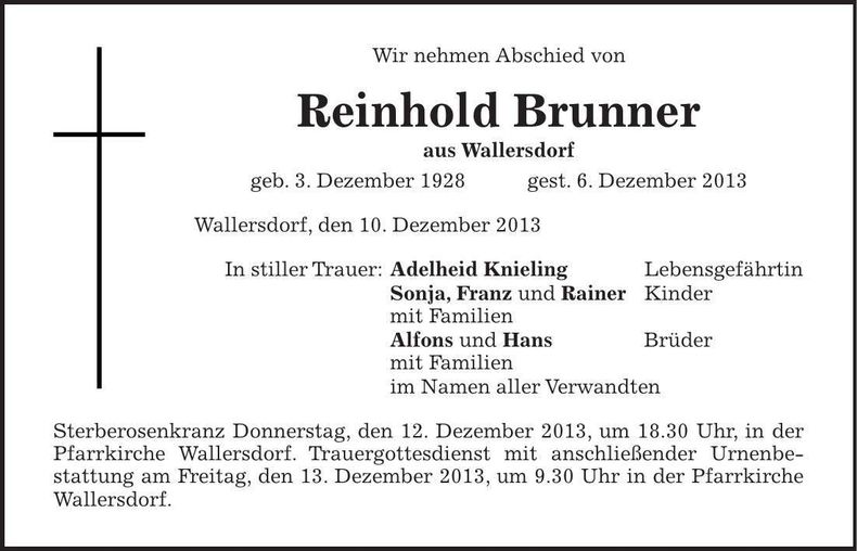 Traueranzeige Reinhold Brunner