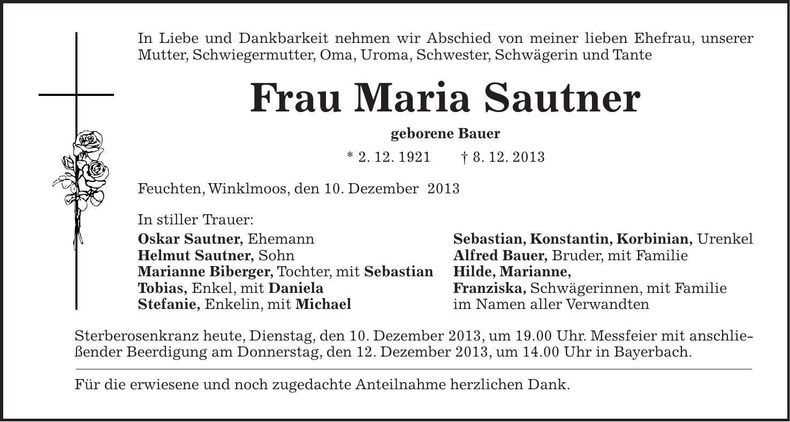 Traueranzeige Maria Sautner