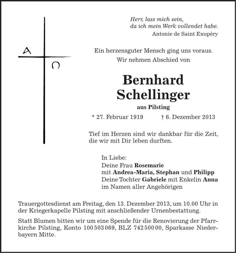 Traueranzeige Bernhard Schellinger