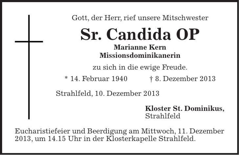 Traueranzeige Marianne Kern Sr. Candida OP