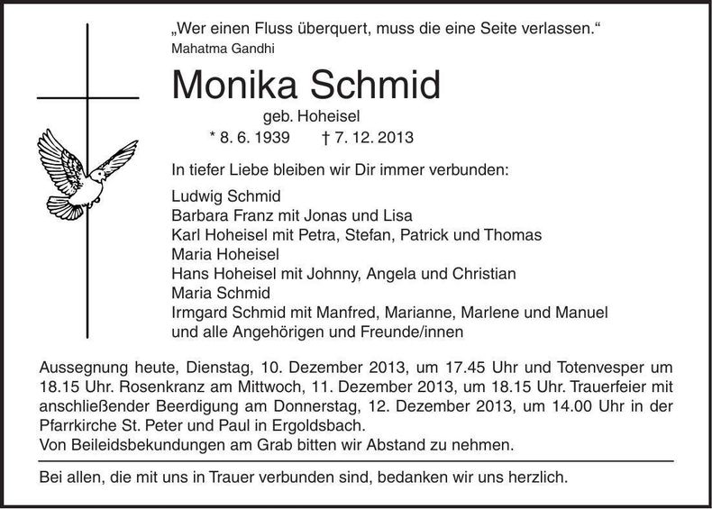 Traueranzeige Monika Schmid