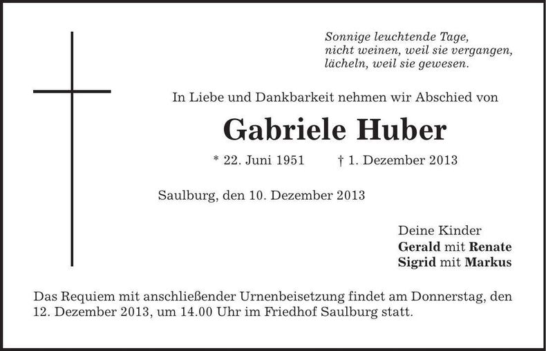 Traueranzeige Gabriele Huber
