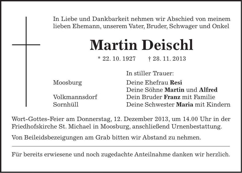 Traueranzeige Martin Deischl