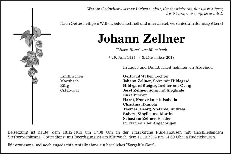 Traueranzeige Johann Zellner