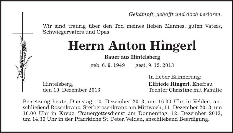 Traueranzeige Anton Hingerl
