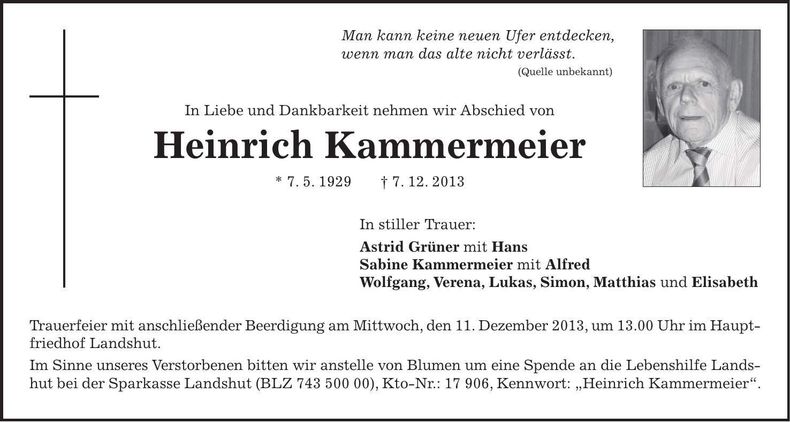 Traueranzeige Heinrich Kammermeier