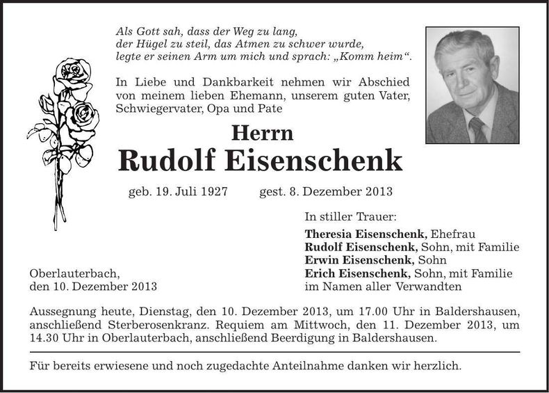 Traueranzeige Rudolf Eisenschenk