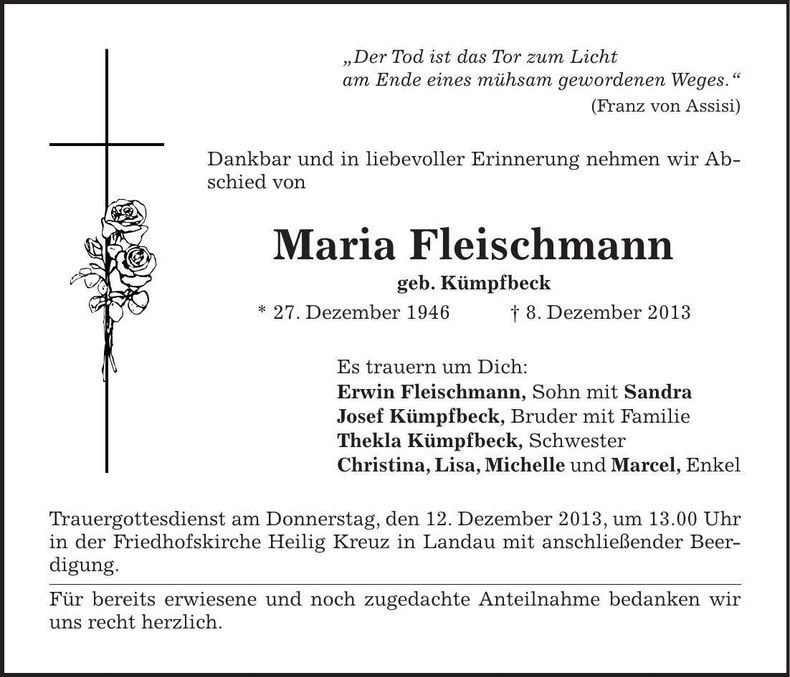 Traueranzeige Maria Fleischmann