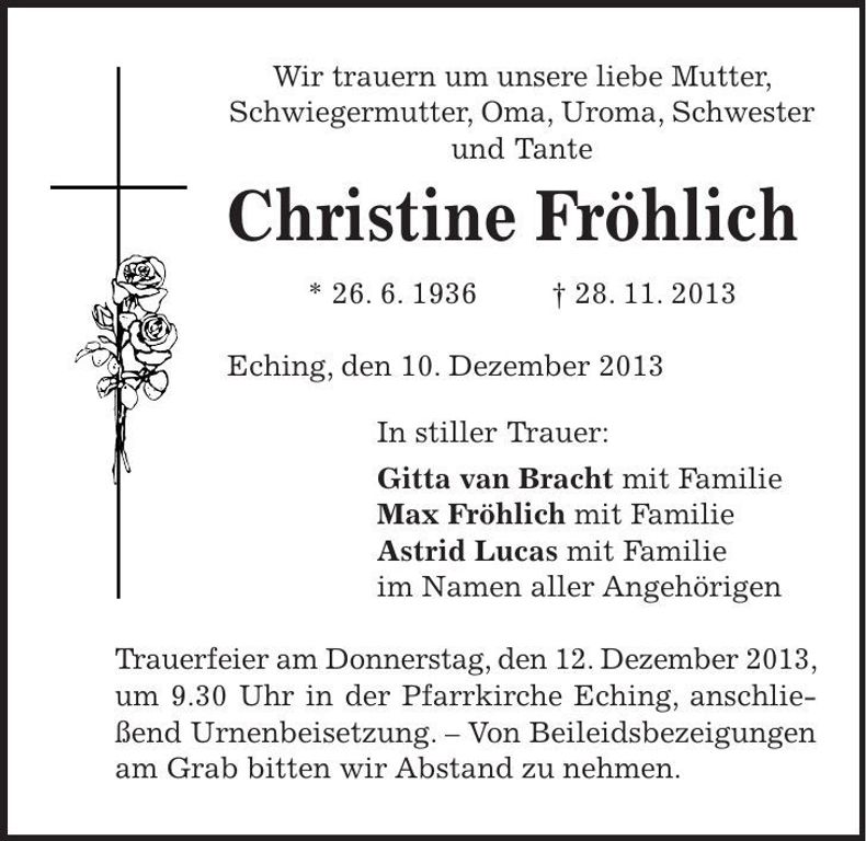 Traueranzeige Christine Fröhlich