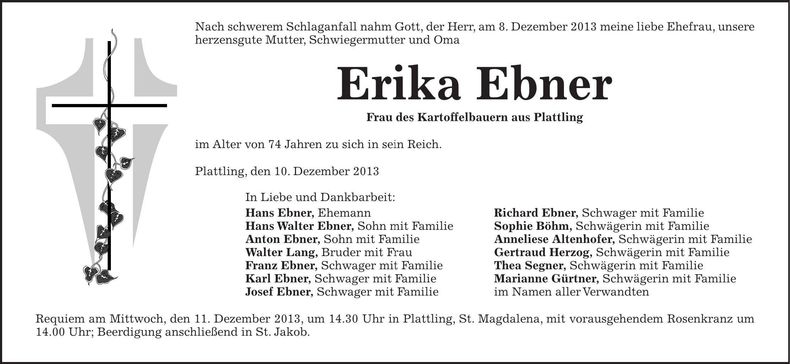 Traueranzeige Erika Ebner