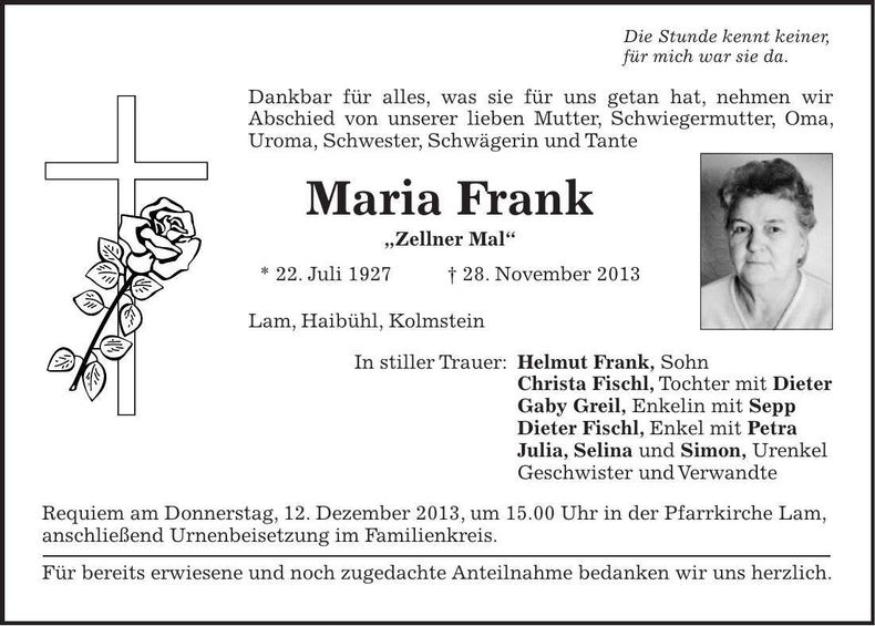 Traueranzeige Maria Frank