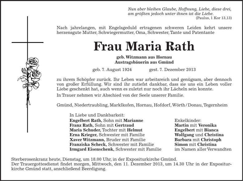 Traueranzeige Maria Rath