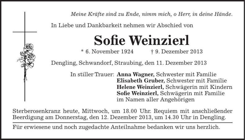 Traueranzeige Sofie Weinzierl