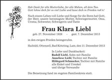 Traueranzeige Klara Liebl