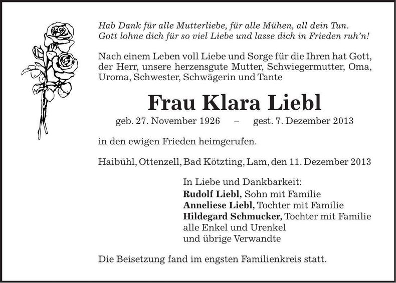 Traueranzeige Klara Liebl