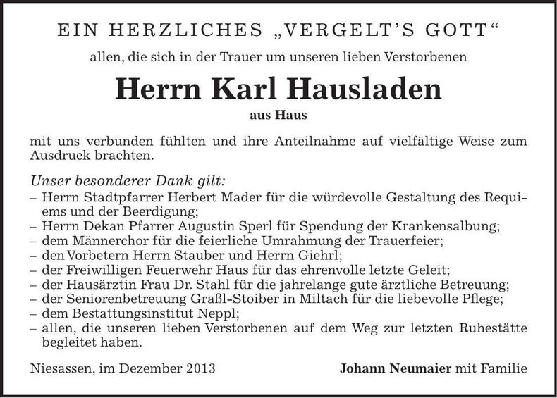 Traueranzeige Karl Hausladen