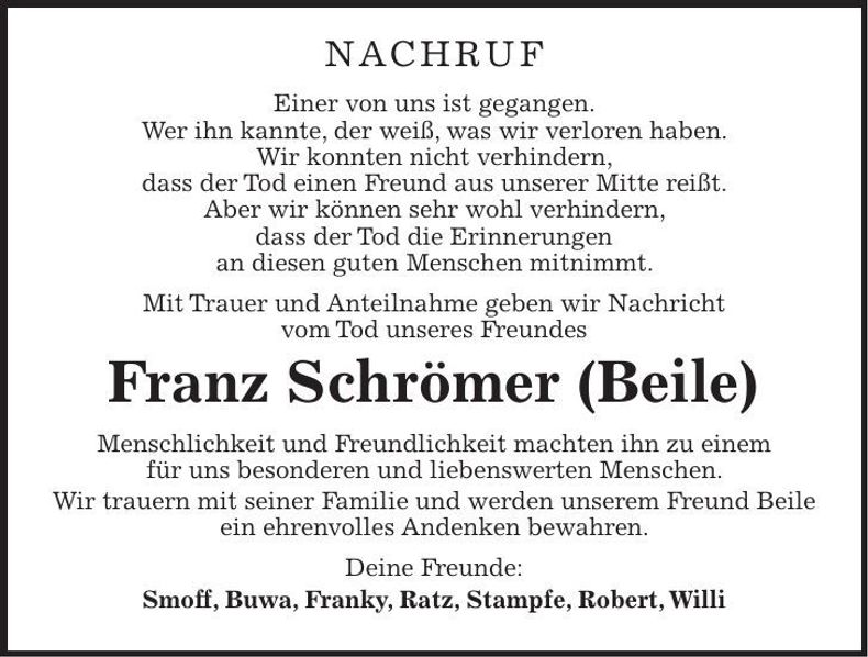 Traueranzeige Franz Schrömer