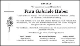 Traueranzeige Gabriele Huber