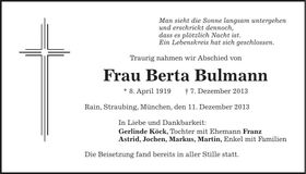 Traueranzeige Berta Bulmann
