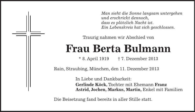 Traueranzeige Berta Bulmann