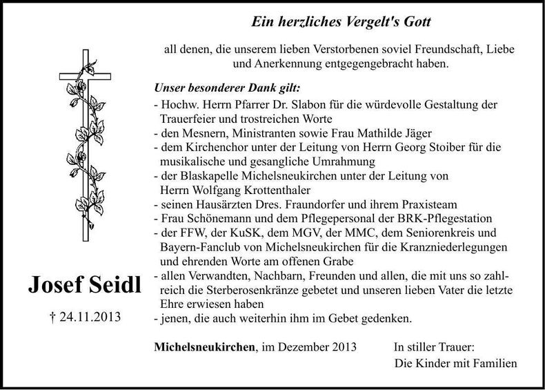Traueranzeige Josef Seidl