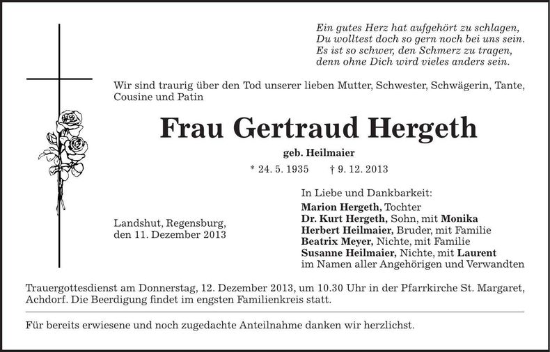 Traueranzeige Gertraud Hergeth