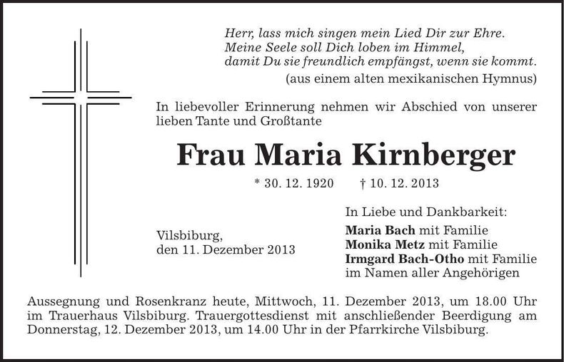 Traueranzeige Maria Kirnberger
