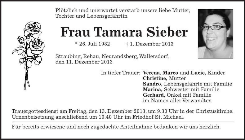 Traueranzeige Tamara Sieber