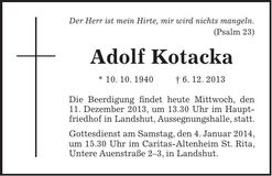 Traueranzeige Adolf Kotacka
