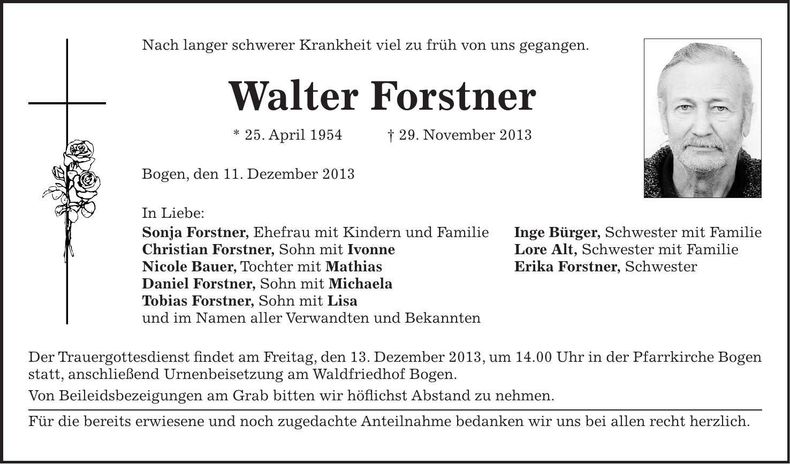 Traueranzeige Walter Forstner