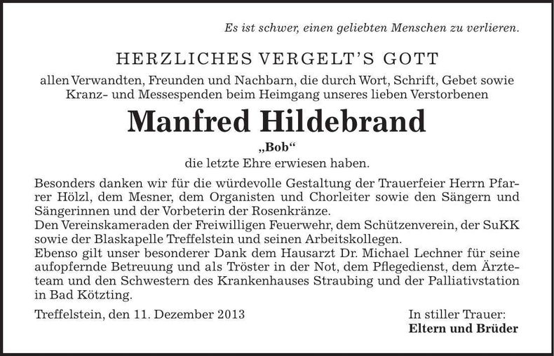 Traueranzeige Manfred Hildebrand