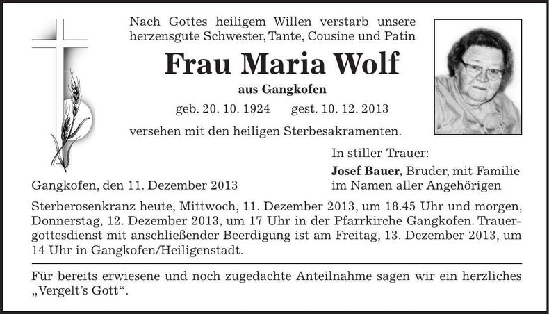 Traueranzeige Maria Wolf
