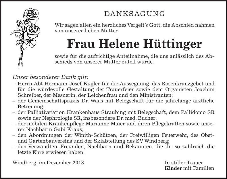 Traueranzeige Helene Hüttinger