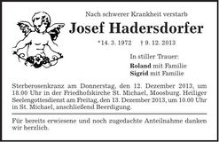 Traueranzeige Josef Hadersdorfer