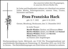 Traueranzeige Franziska Hack